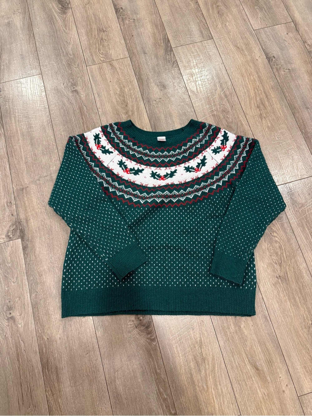 Holiday Time Green Fair Isle Crewneck Sweater with Red and White Accents